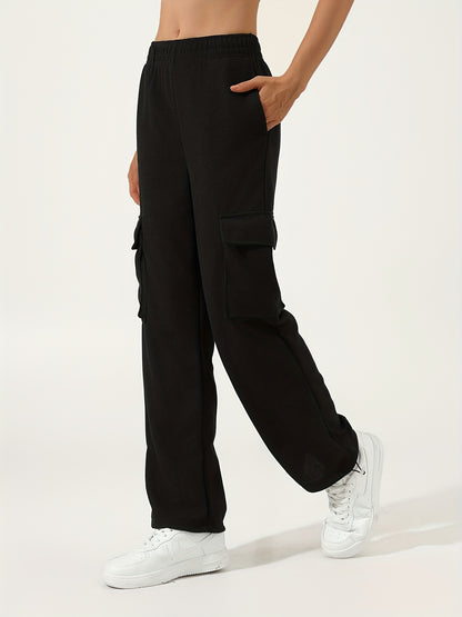 Sixsr Waffle Casual Sports Elastic Waist Sweatpants, Multi-pocket High Waist Solid Color Joggers Pants, Women's Athleisure