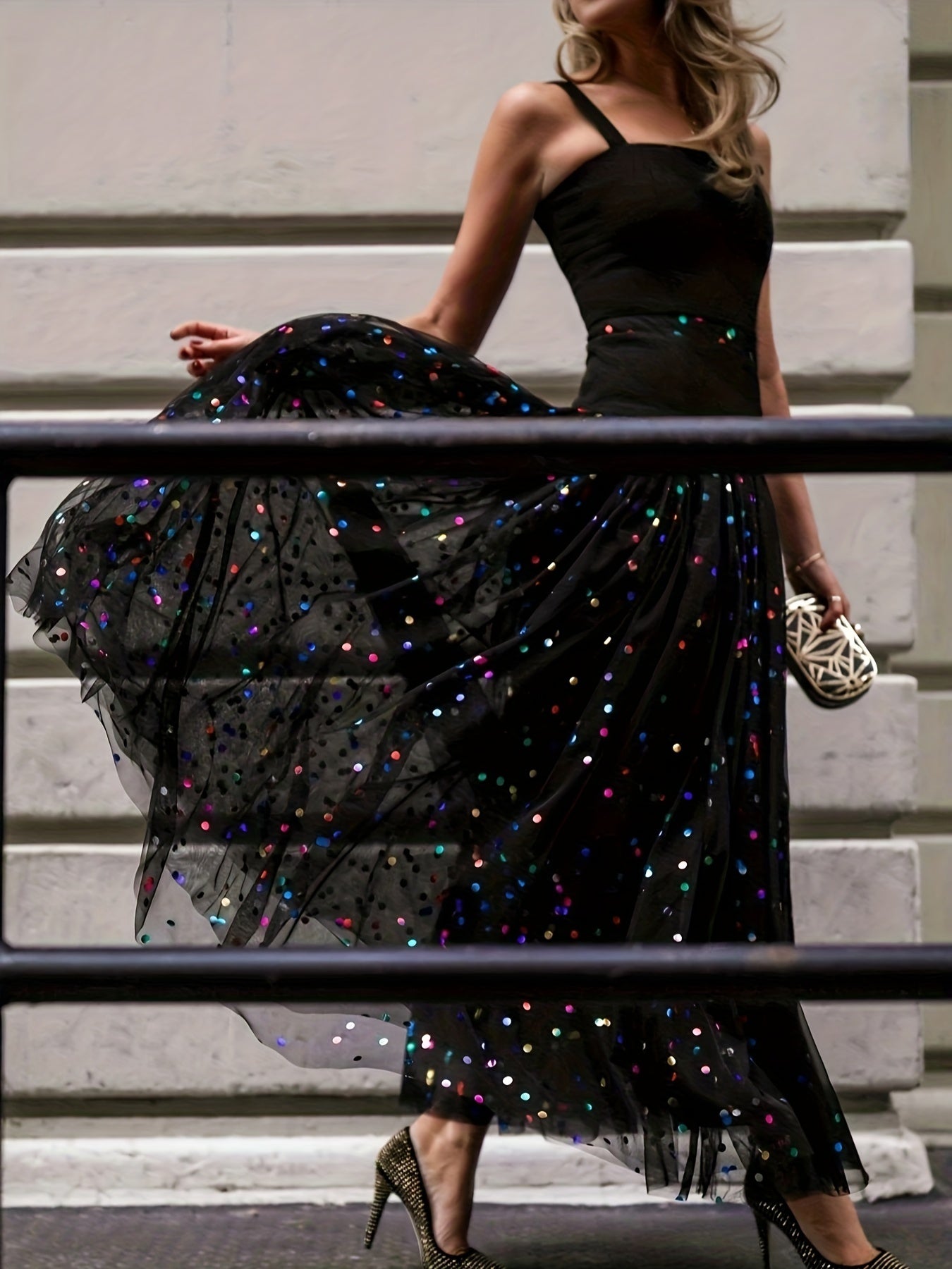 Sixsr  Plus Size Sequin Decor Mesh Skirt, Casual High Waist Pleated Midi Skirt, Women's Plus Size Clothing