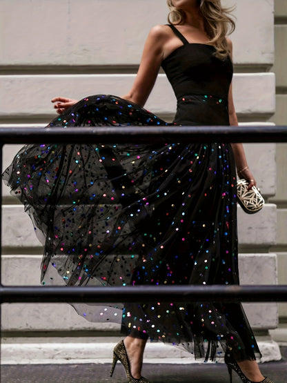 Sixsr  Plus Size Sequin Decor Mesh Skirt, Casual High Waist Pleated Midi Skirt, Women's Plus Size Clothing