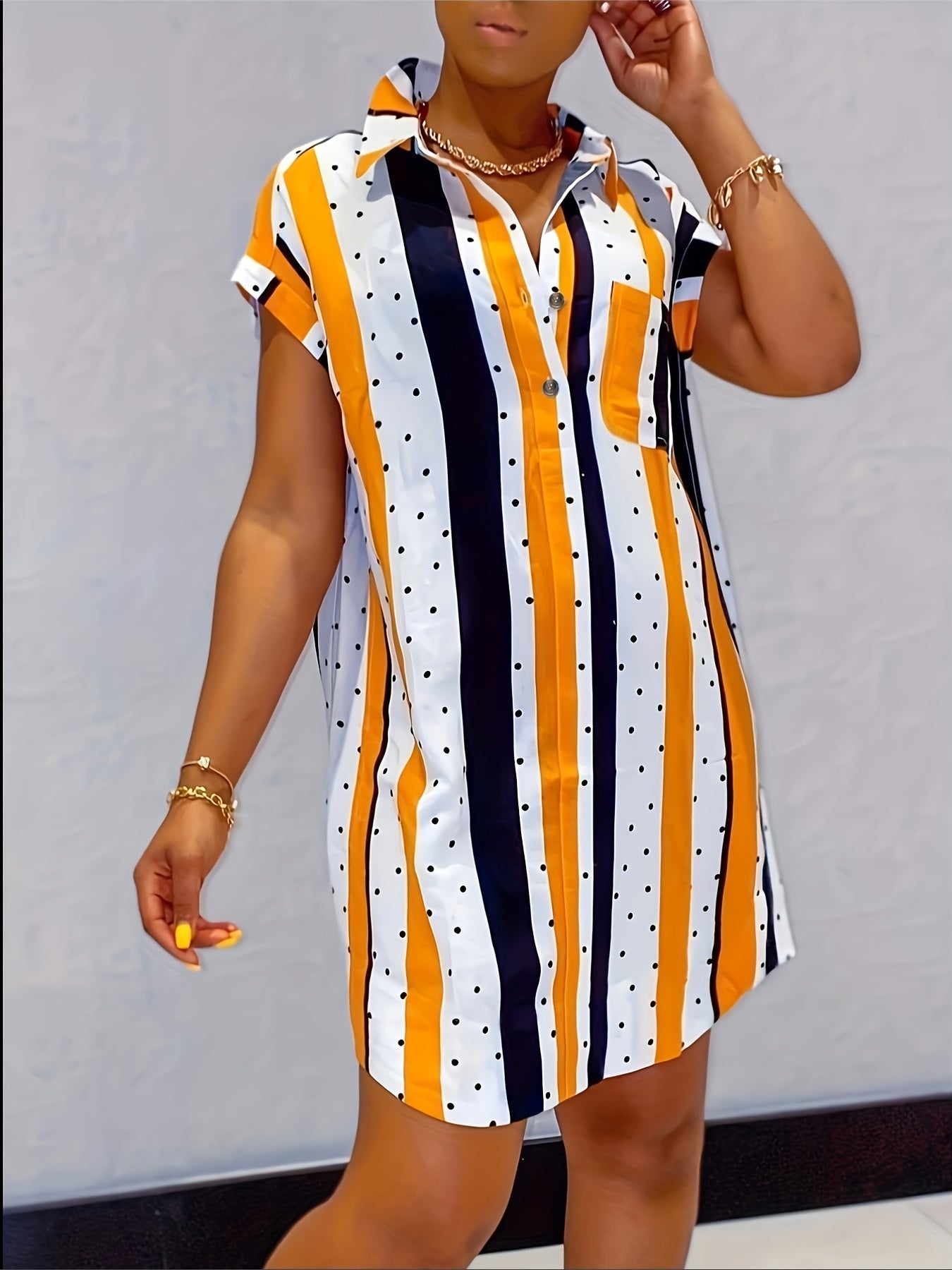 Women's Plus Size Dot & Stripe Print Button Up Shirt Dress with Short Sleeves and Turn Down Collar - Comfortable and Stylish