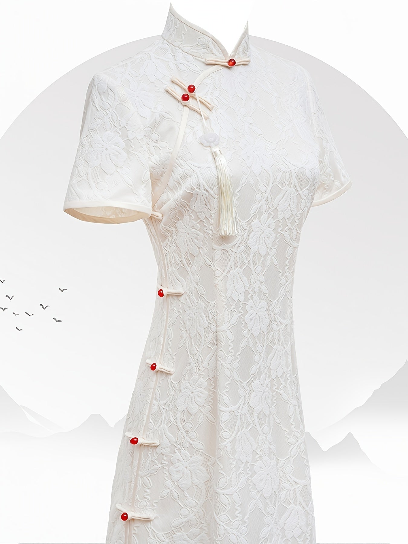 Elegant Chinese Vintage Lace Cheongsam - Short Sleeve Mandarin Collar Dress for Women