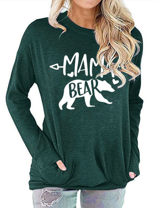 Sixsr Mamabear Bear Pattern Print T-shirt, Round Neck Long Sleeve Pullover T-Shirt, Women's Clothing