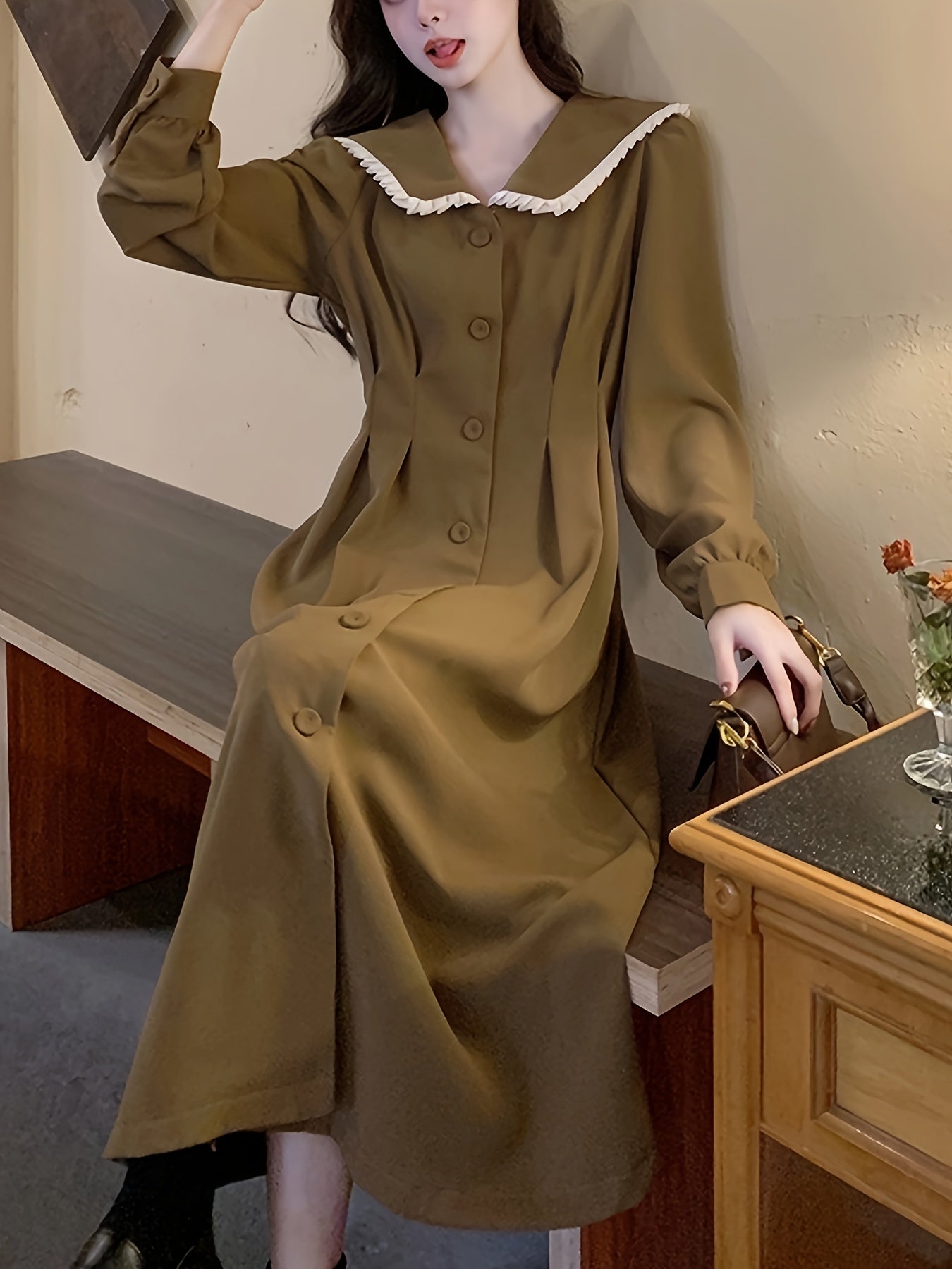 Sixsr Contrast Trim Button Front Shirt Dress, Elegant Long Sleeve Dress For Spring & Fall, Women's Clothing