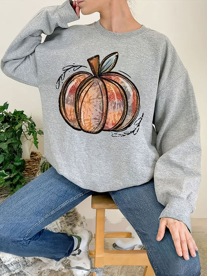 Sixsr Halloween Pumpkin Print Sweatshirt, Casual Long Sleeve Crew Neck Sweatshirt, Women's Clothing