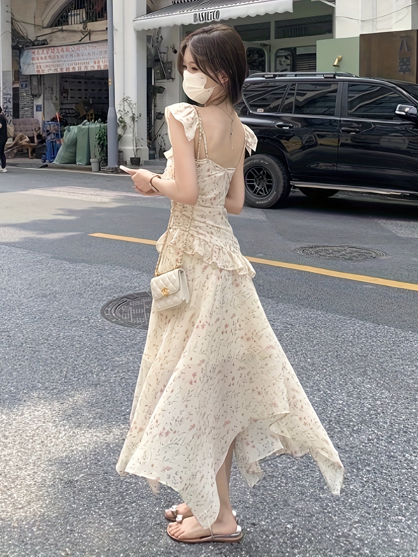 Sixsr Allover Print Ruffle Trim Dress, Versatile Asymmetrical Hem Dress For Spring & Summer, Women's Clothing