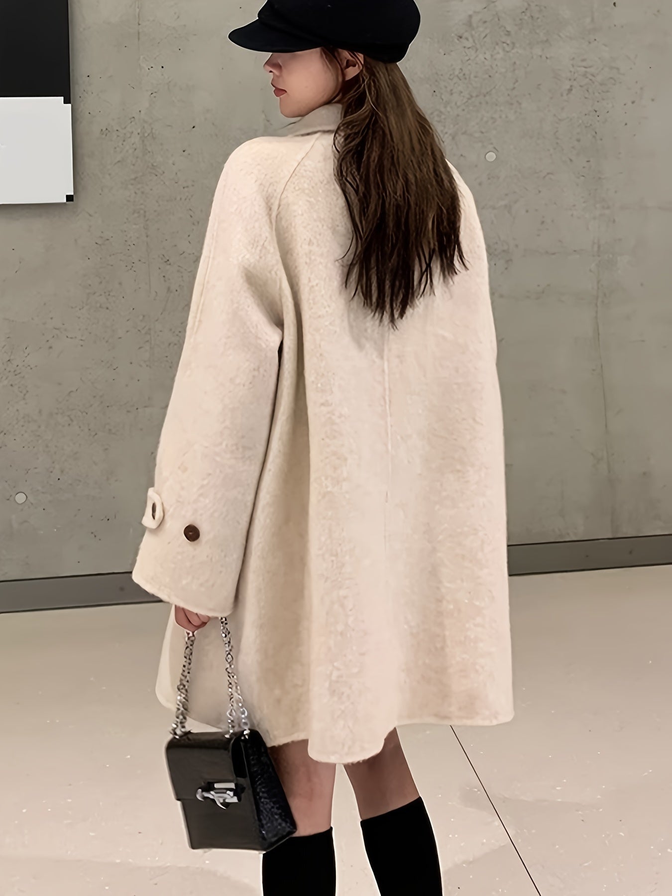 Sixsr Solid Double Breasted Pockets Overcoat, Elegant Long Sleeve Outwear For Fall & Winter, Women's Clothing