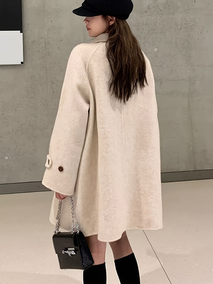 Sixsr Solid Double Breasted Pockets Overcoat, Elegant Long Sleeve Outwear For Fall & Winter, Women's Clothing