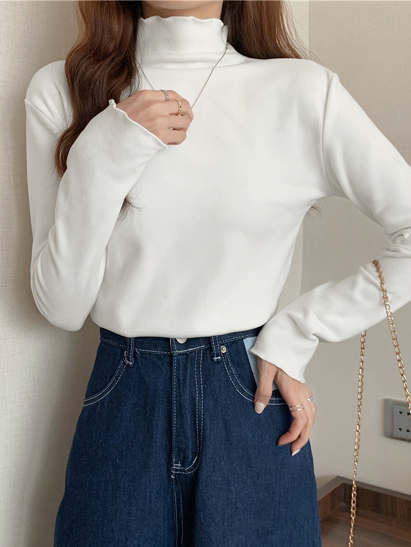 Sixsr Lettuce Trim Mock Neck T-Shirt, Casual Long Sleeve T-Shirt For Spring & Fall, Women's Clothing