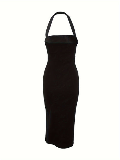 Solid Split Thigh Backless Halter Dress, Elegant Sleeveless Bodycon Dress, Women's Clothing