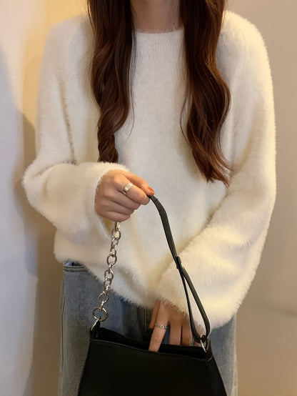Sixsr Solid Crew Neck Pullover Sweater,  Casual Long Sleeve Drop Shoulder Sweater, Women's Clothing
