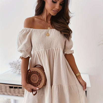 Off Shoulder Smocked Dress, Loose Vacation Casual Dress For Summer & Spring, Women's Clothing