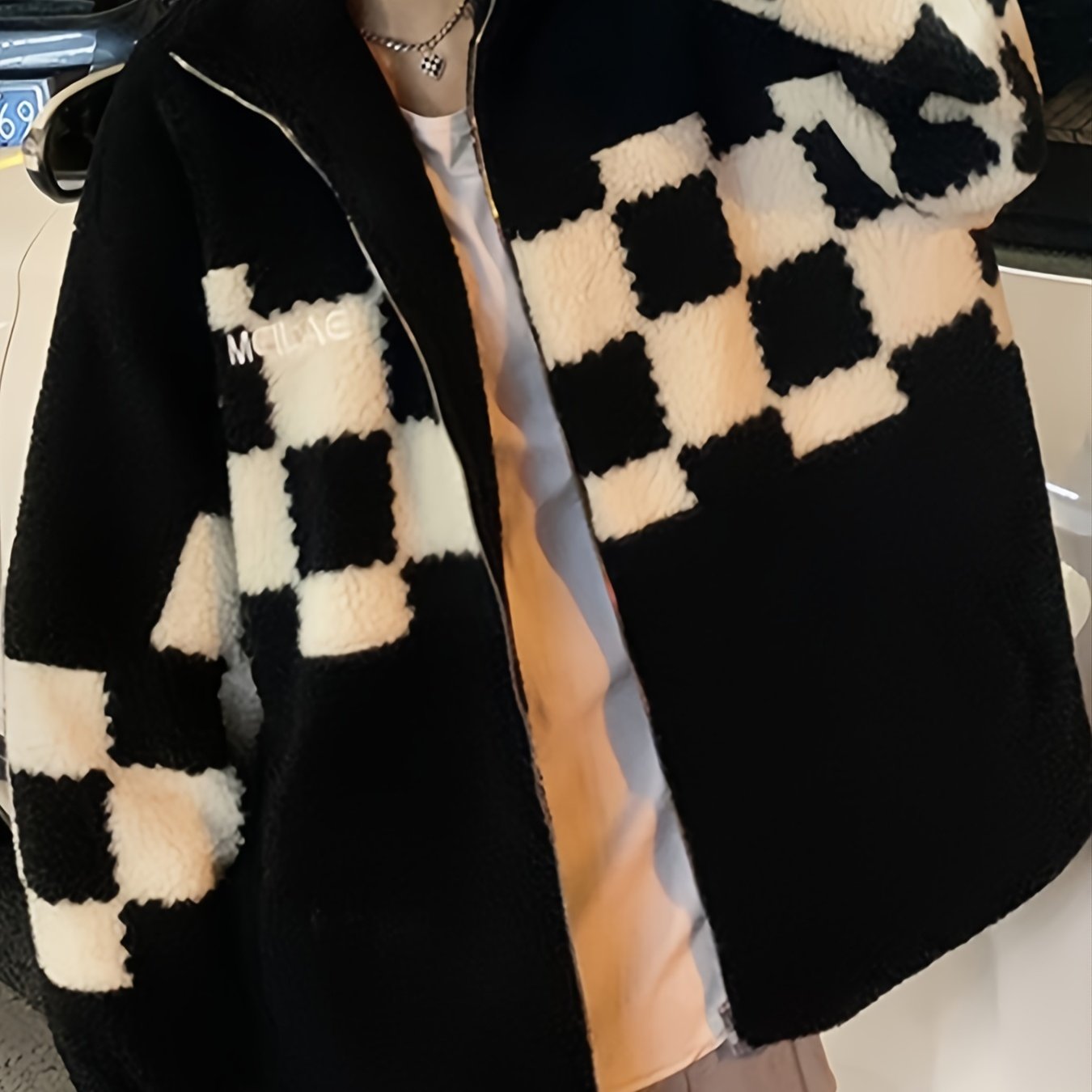 Sixsr Women's Checkered Print Oversized Plush Coat, Casual Winter Jacket For Outdoors, Women's Clothing