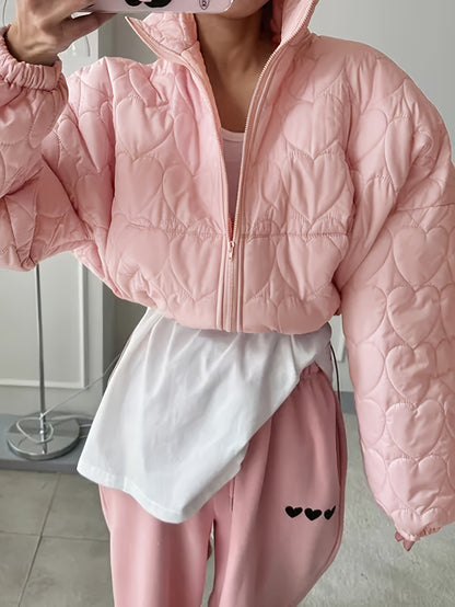 Sixsr Heart Pattern Zip Up Jacket, Casual Collared Long Sleeve Warm Outerwear For Fall & Winter, Women's Clothing