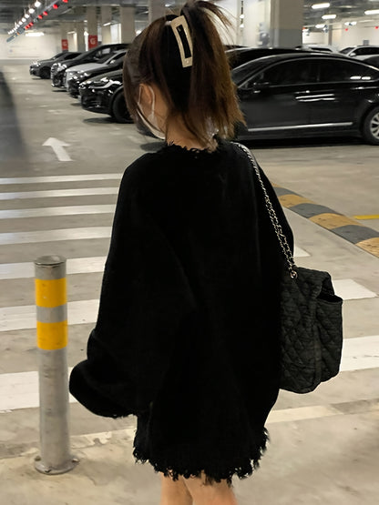 Sixsr Solid V Neck Pullover Sweater, Casual Ripped Long Sleeve Oversized Sweater, Women's Clothing