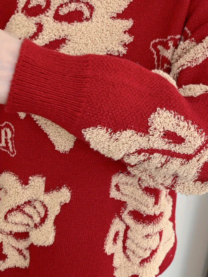 Sixsr Dragon Pattern Crew Neck Pullover Sweater, Casual Long Sleeve Loose Fall Winter Sweater, Women's Clothing