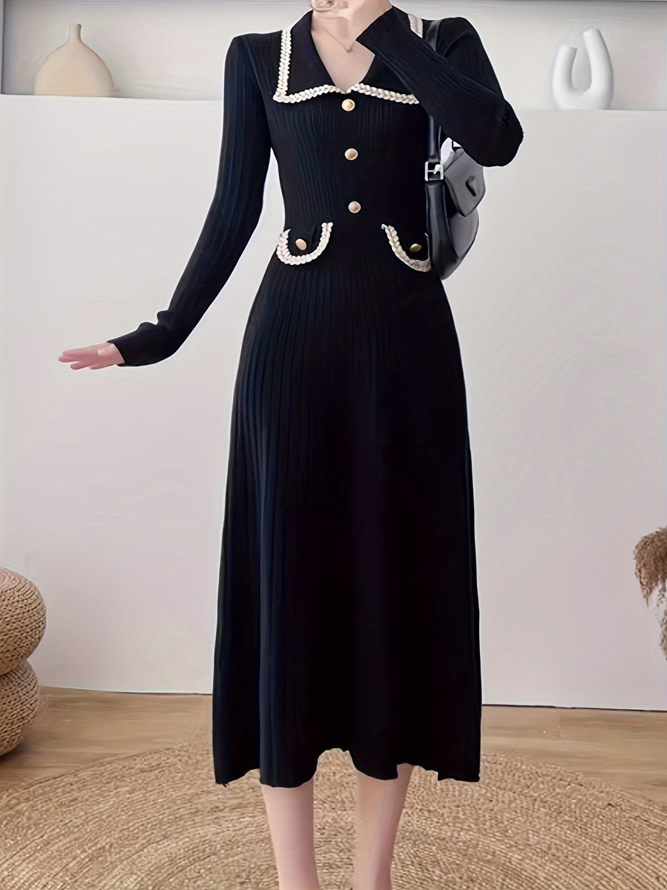 Sixsr Button Front High Waist Dress, Elegant Long Sleeve Midi Dress, Women's Clothing