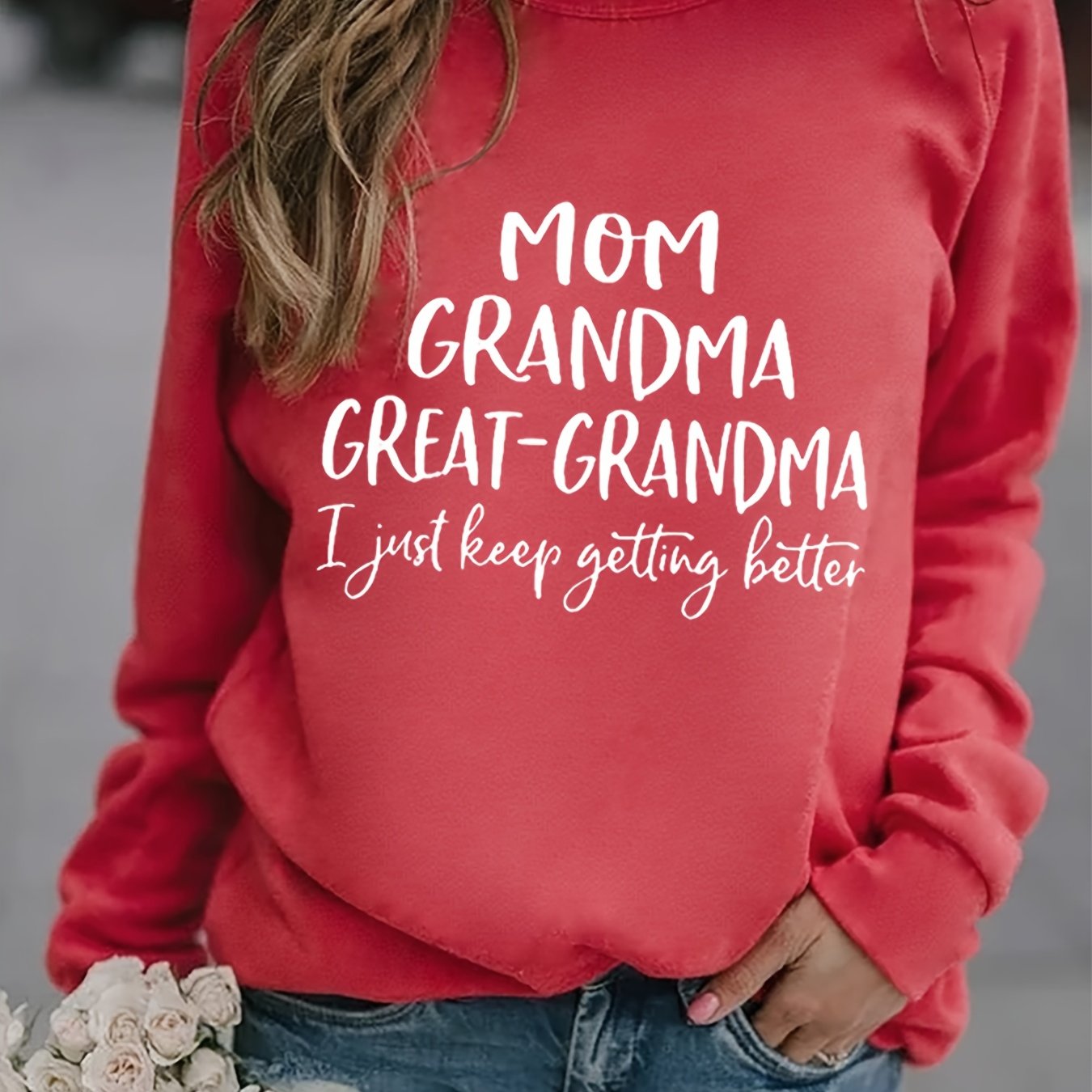 Sixsr Grandma Letter Print Solid Pullover, Long Sleeve Crew Neck Casual Sweatshirt, Women's Clothing