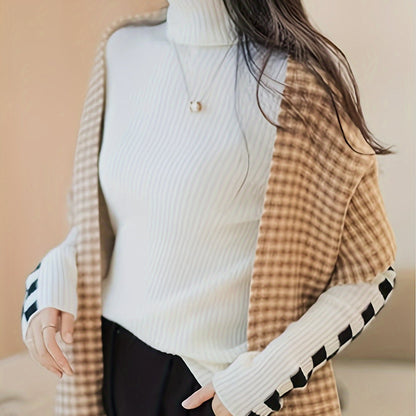 Sixsr Plaid Turtle Neck Pullover Sweater, Casual Long Sleeve Slim Versatile Sweater, Women's Clothing