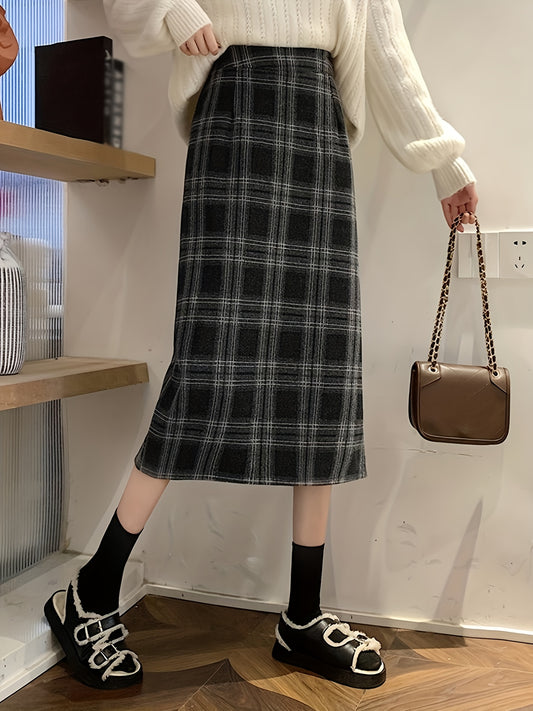 Sixsr Plaid Print High Waist Wool Skirt, Casual Split Midi Skirt For Fall & Winter, Women's Clothing