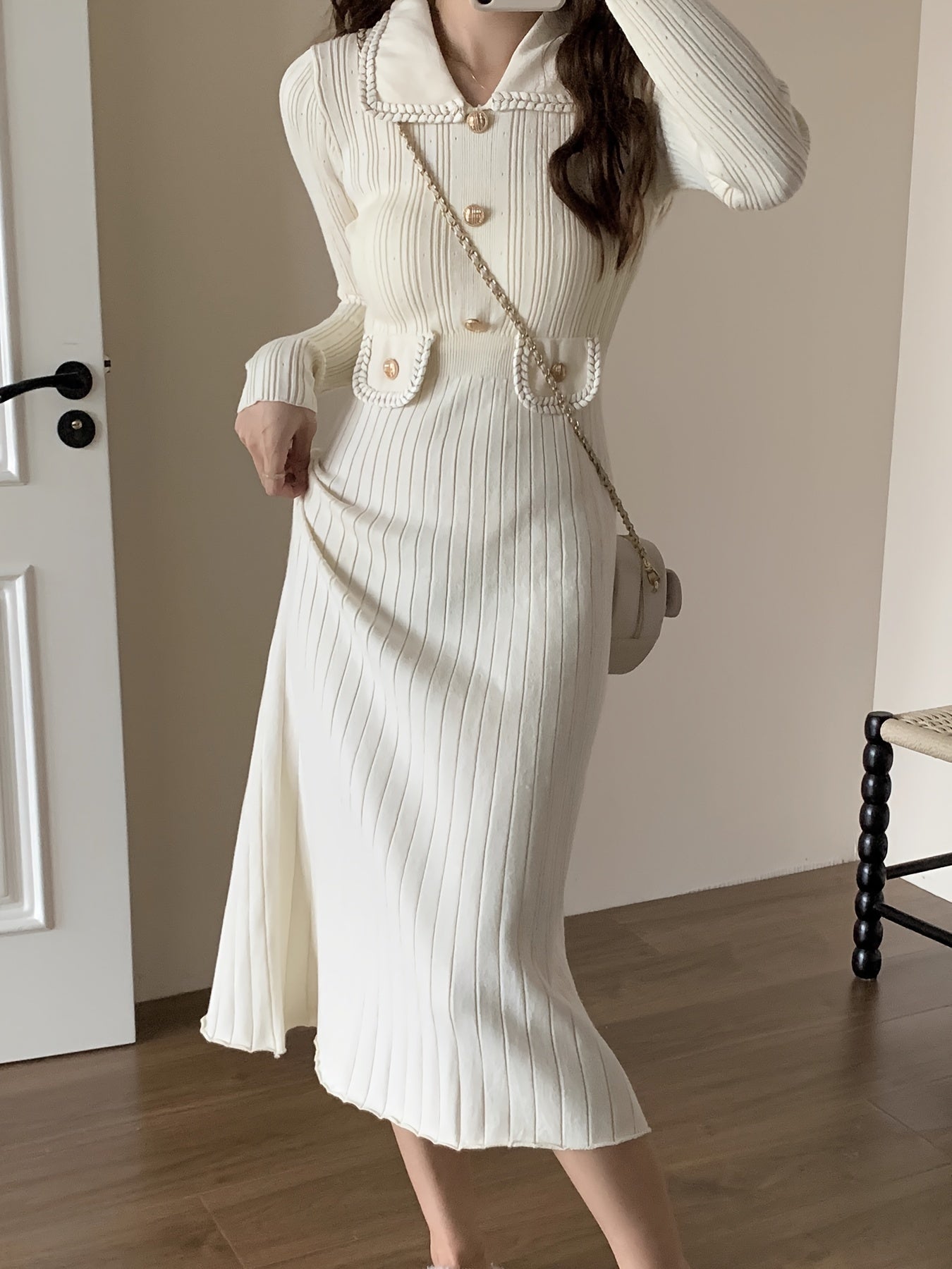 Sixsr Ribbed Solid Midi Dress, Elegant Long Sleeve Bodycon Sweater Dress, Women's Clothing