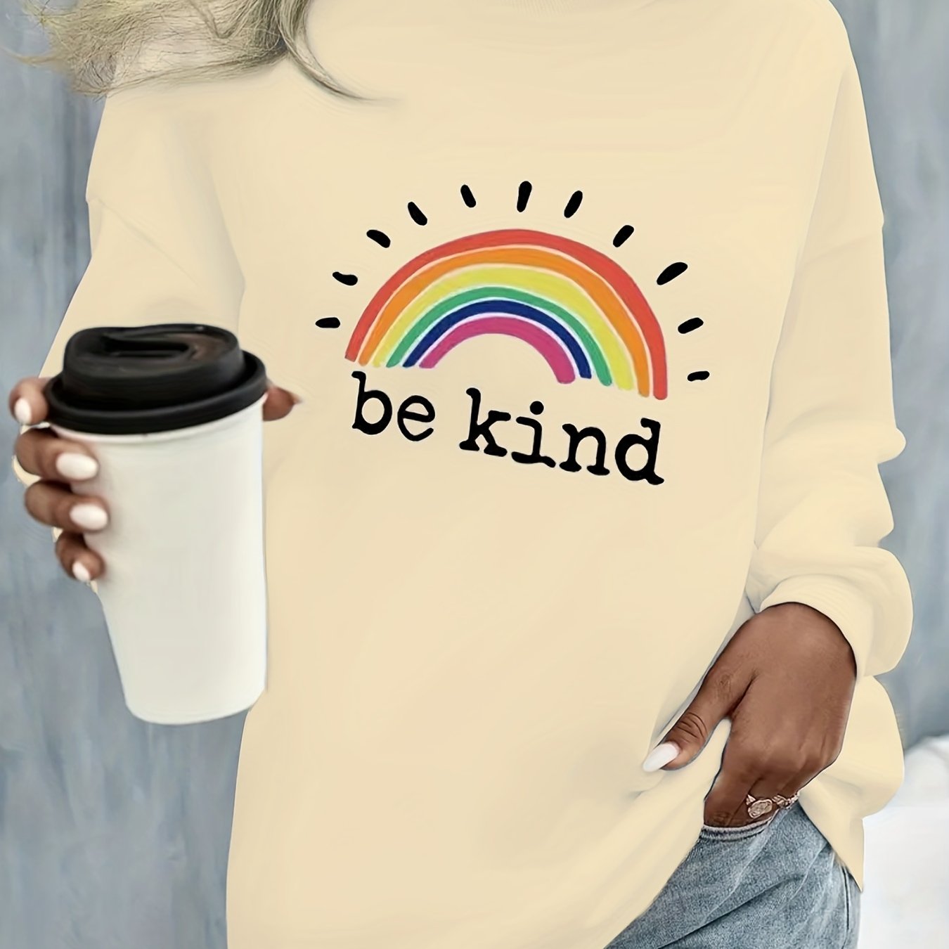 Sixsr Plus Size Casual Sweatshirt, Women's Plus Rainbow & Slogan Print Long Sleeve Round Neck Slight Stretch Sweatshirt