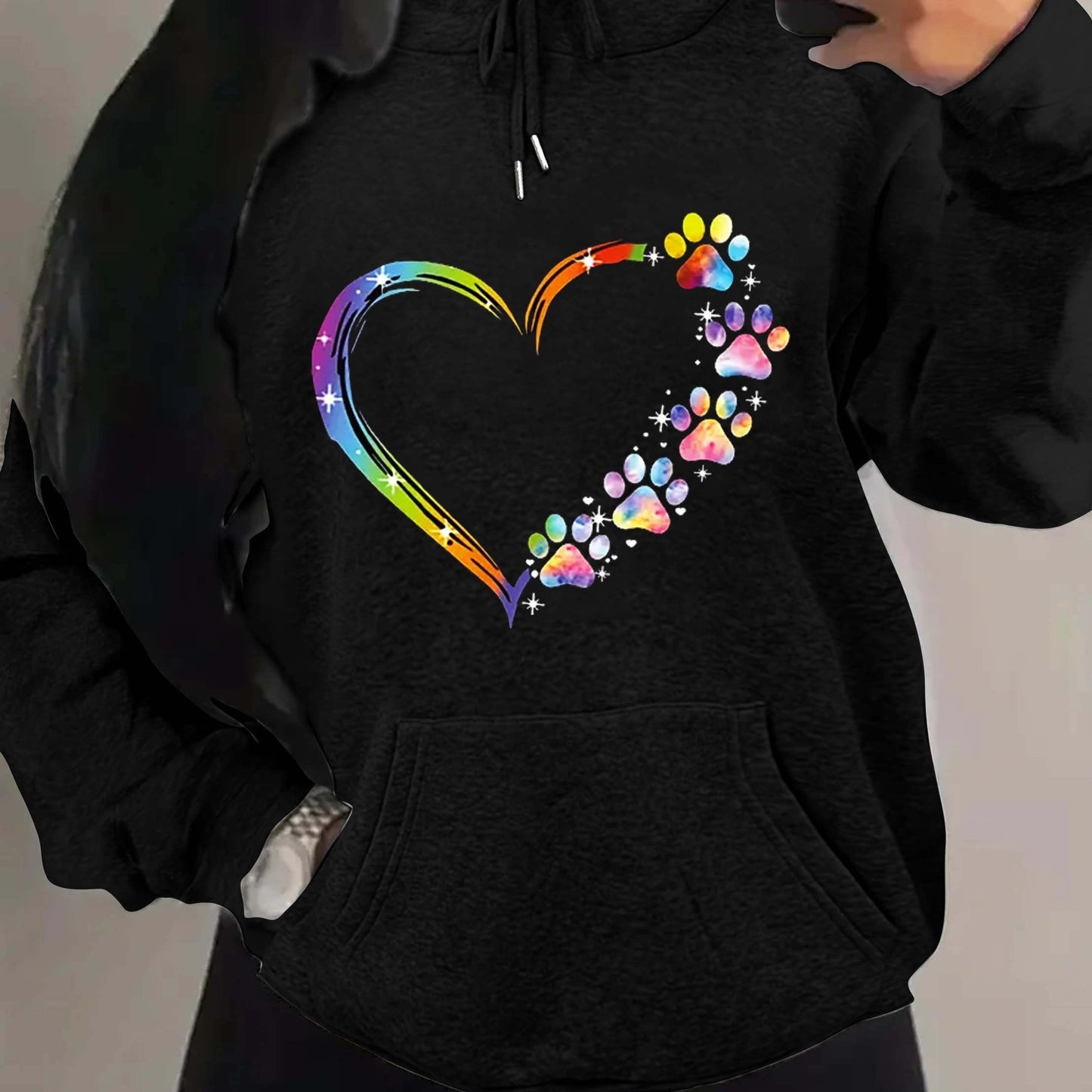 Sixsr Paw & Heart Print Drawstring Hoodie, Casual Long Sleeve Kangaroo Pocket Hoodie Sweatshirt, Women's Clothing