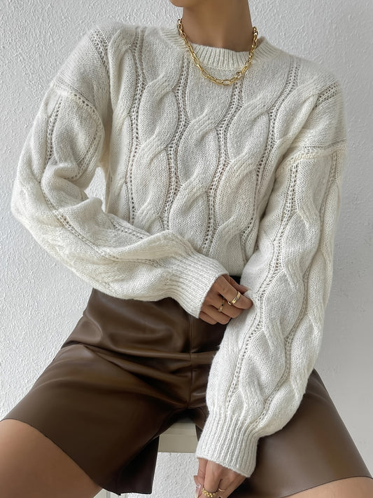 Sixsr Cable Knit Crew Neck Sweater, Elegant Lantern Sleeve Sweater For Fall & Winter, Women's Clothing