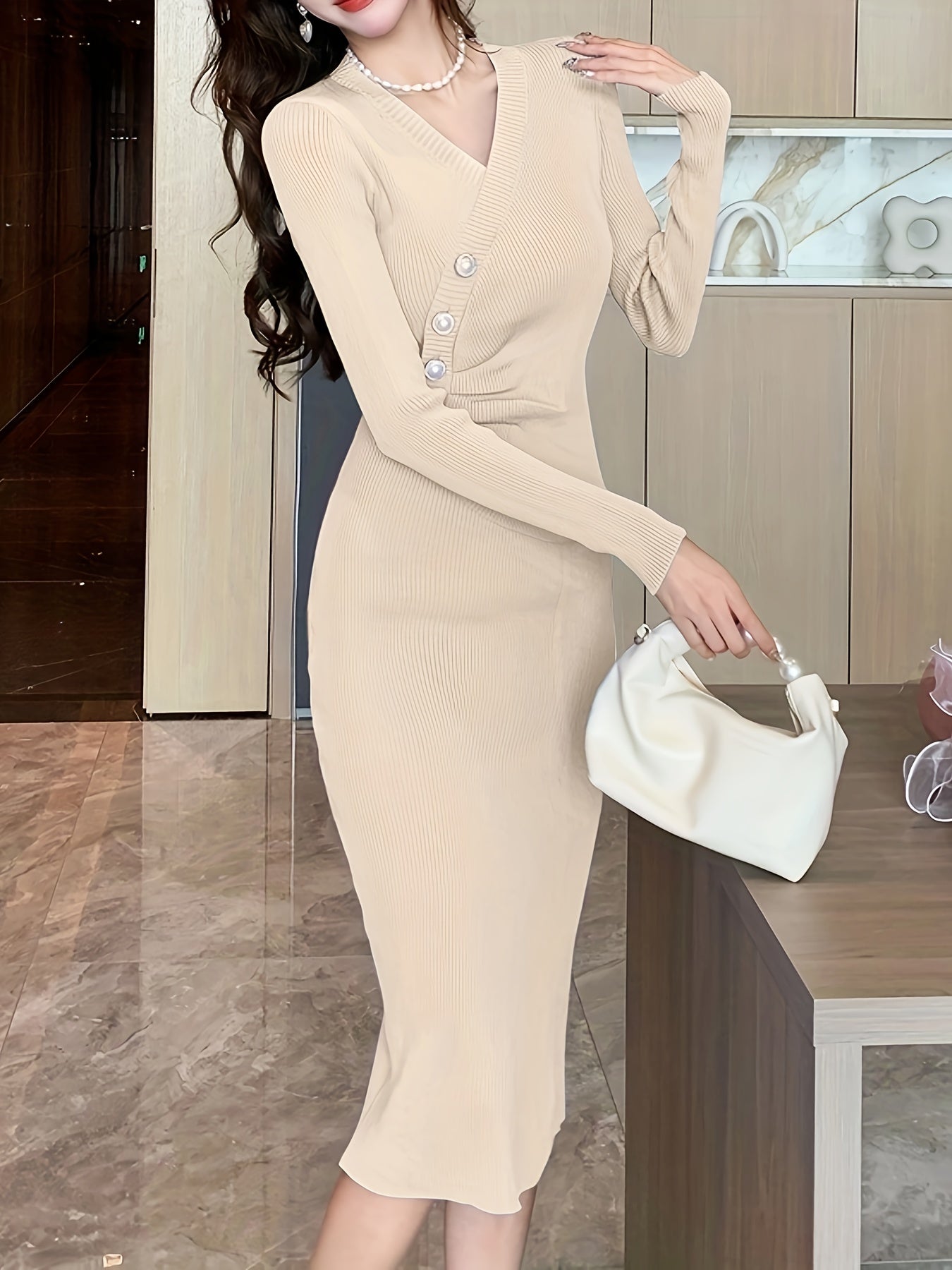 Sixsr Button Front Solid Midi Dress, Elegant V Neck Long Sleeve Dress, Women's Clothing