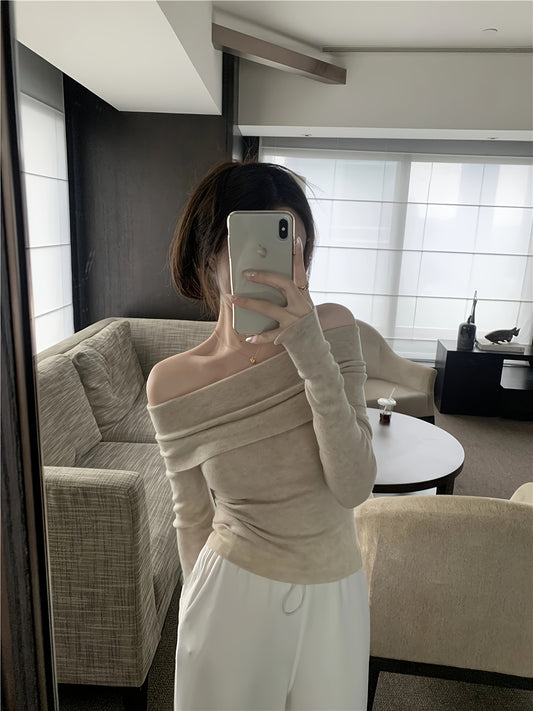 Sixsr Solid Off Shoulder Knitted Top, Y2K Long Sleeve Slim Sweater For Spring & Fall, Women's Clothing