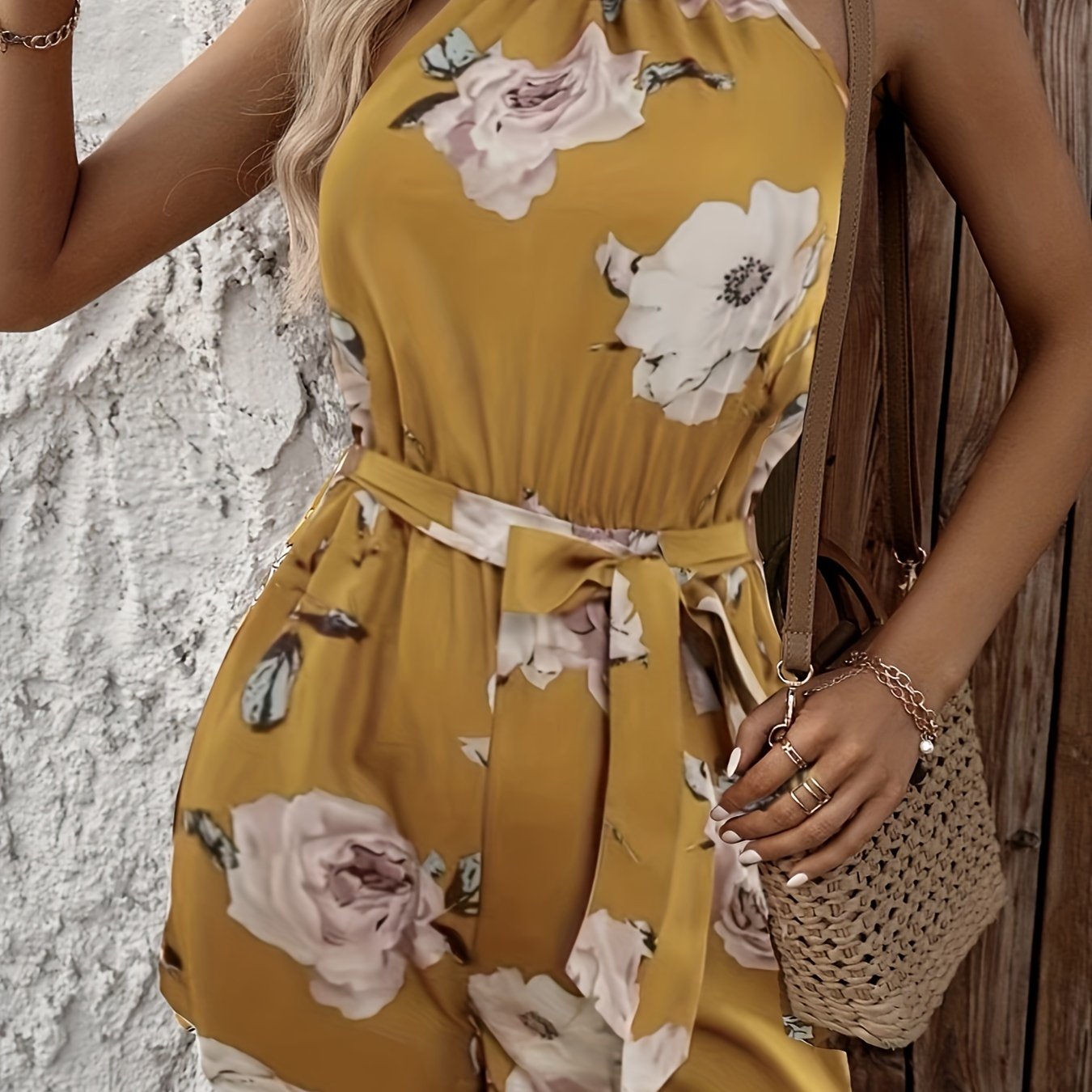 Floral Print Romper Jumpsuit, Casual Tie Waist Backless Halter Neck Romper Jumpsuit, Women's Clothing