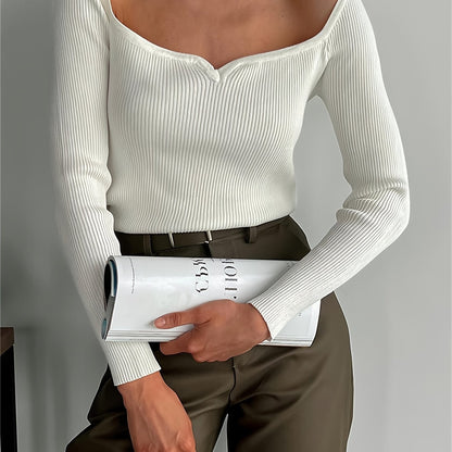 Sixsr Solid Sweetheart Neck Slim Sweater, Versatile Long Sleeve Knitted Top For Fall & Winter, Women's Clothing