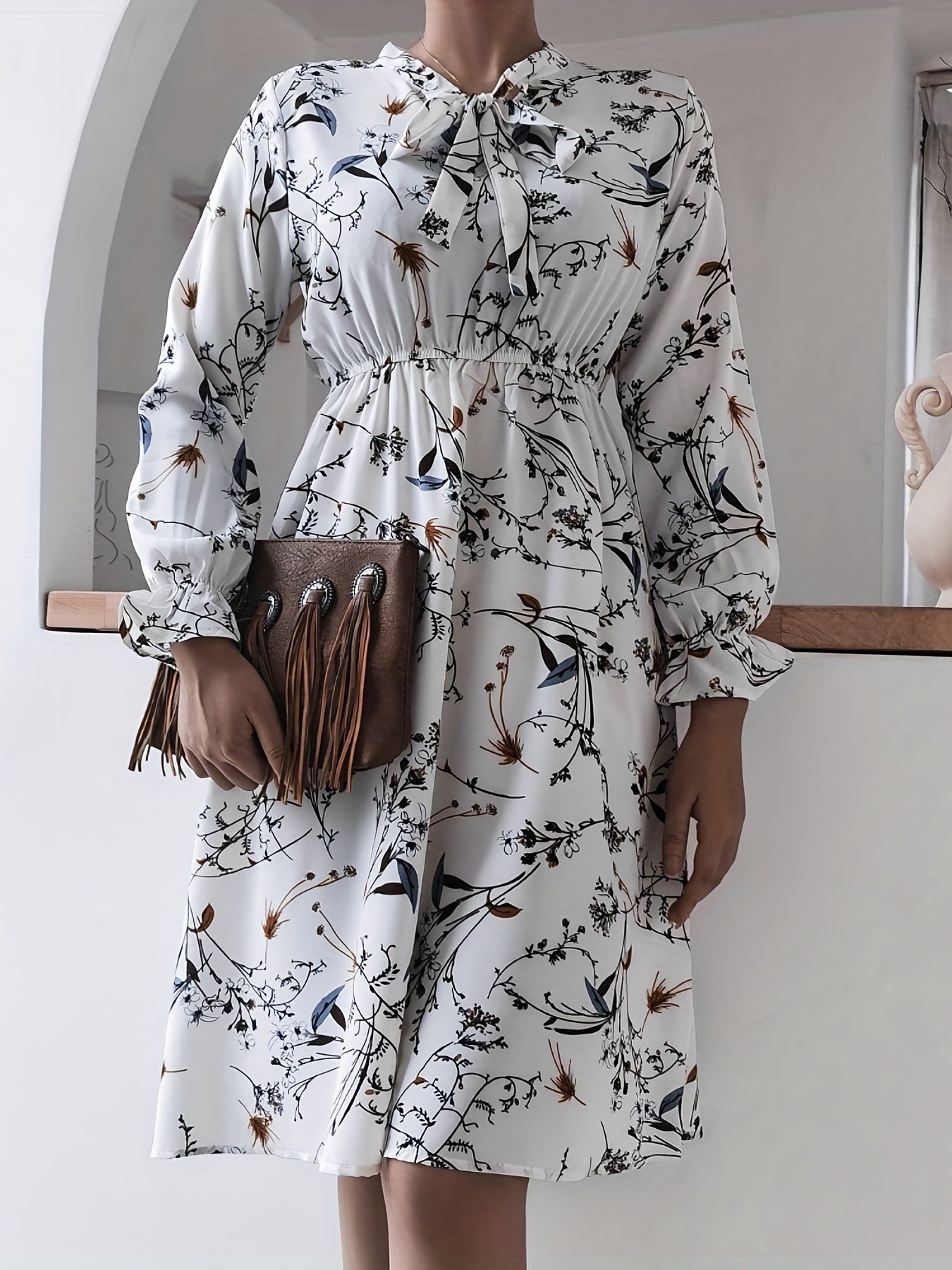 Sixsr Floral Print Tie Front Dress, Casual Long Sleeve Dress For Spring & Fall, Women's Clothing