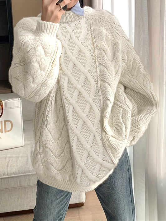 Sixsr Solid Crew Neck Cable Knit Sweater, Casual Long Sleeve Oversized Sweater, Women's Clothing