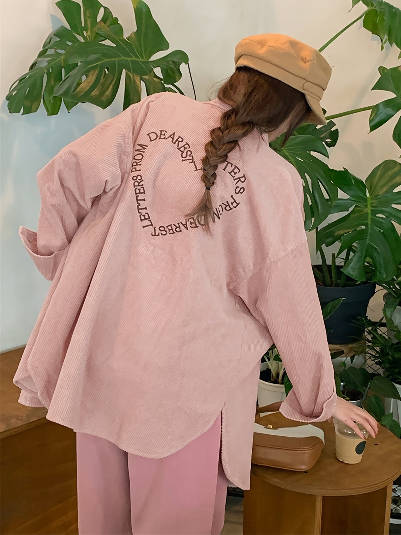 Sixsr Letter Embroidered Button Front Shirt, Casual Long Sleeve Corduroy Outwear For Spring & Fall, Women's Clothing