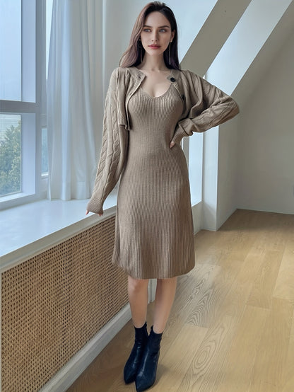 Women's Elegant Two-piece Set - Cropped Cable Knit Cardigan & Sleeveless Knee Length Dress Outfit for a Stylish and Comfortable Look