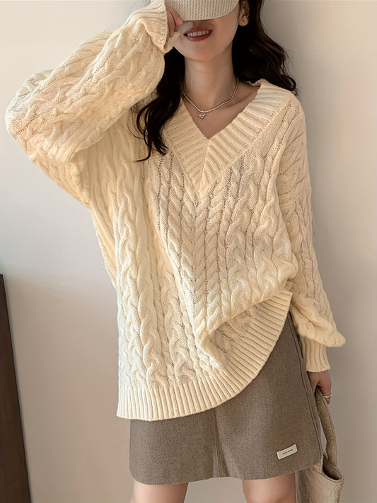 Sixsr Oversized V Neck Knitted Pullover Sweater, Elegant Long Sleeve Sweater For Fall & Winter, Women's Clothing