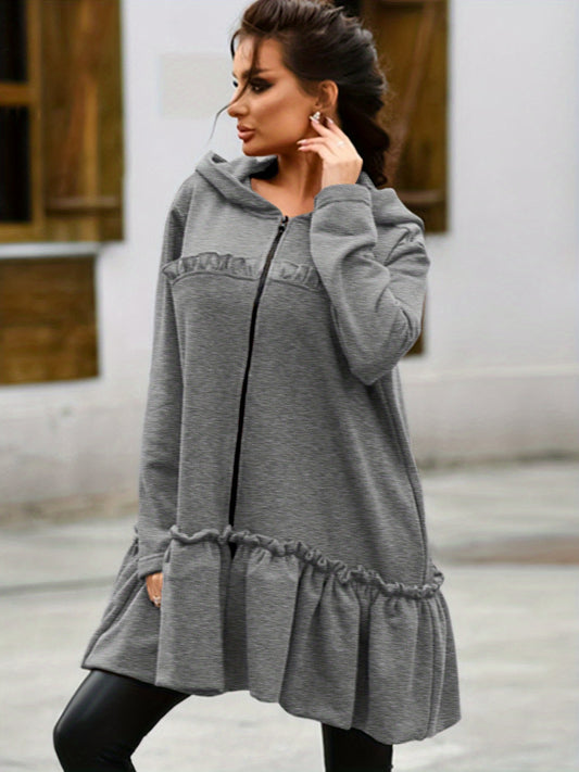 Sixsr Flared Ruffle Trim Hoodies, Casual Zip Up Long Sleeve Solid Sweatshirt, Women's Clothing