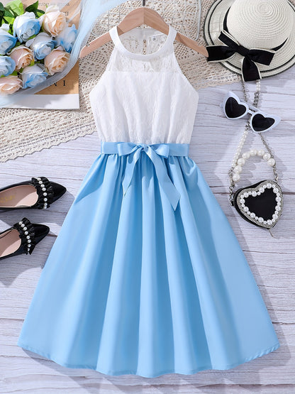 Elegant Girls Splicing Halter Neck Sleeveless Dress With Bow Belt Summer Party Gift