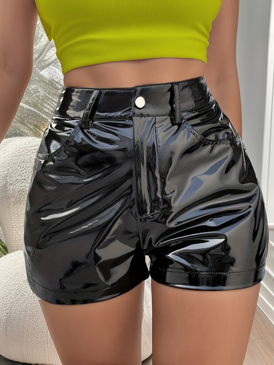 Sixsr Solid PU Leather Pocket Shorts, Elegant Shorts For Spring & Summer, Women's Clothing