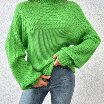 Women's Sweater Casual Turtleneck Twist Rib Green Long Sleeve Loose Fall Winter Sweater