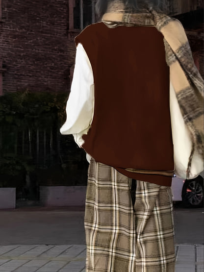 Sixsr Preppy Style V Neck Cable Knit Vest, Casual Sleeveless Loose Sweater Vest, Women's Clothing