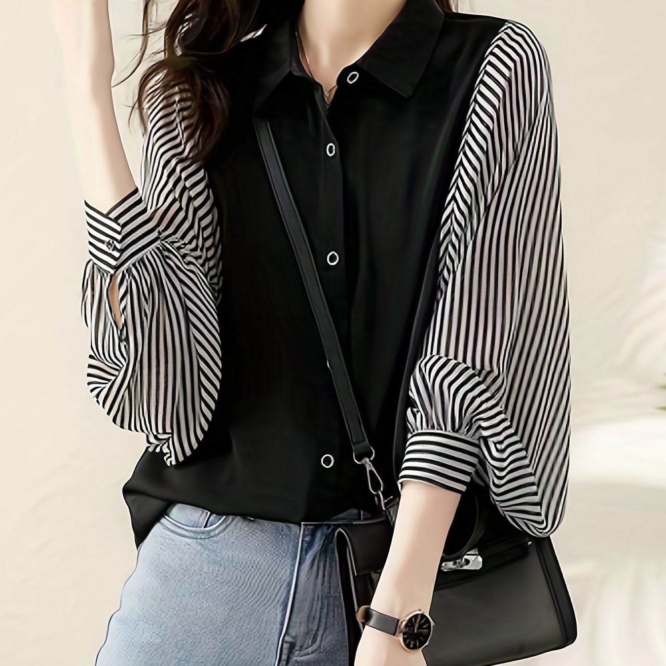 Sixsr Striped Print Splicing Shirt, Casual Button Front Long Sleeve Shirt, Women's Clothing