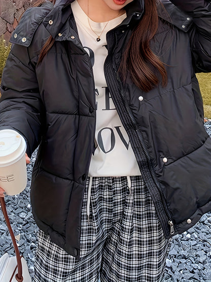 Sixsr Zip Up Hooded Warm Coat, Casual Solid Long Sleeve Winter Outerwear, Women's Clothing