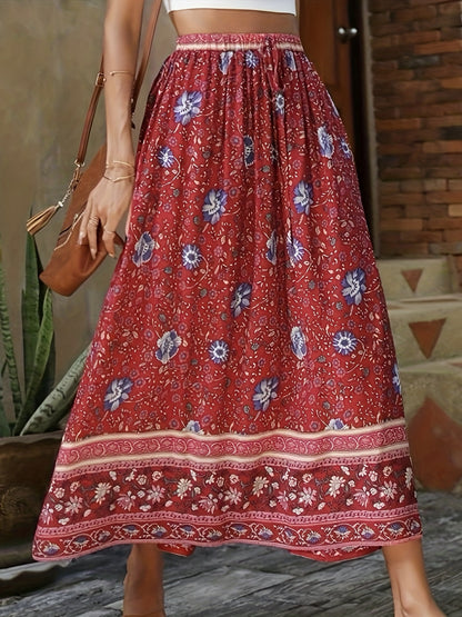 Sixsr Floral Print Drawstring Waist Skirt, Boho Skirt For Spring & Summer, Women's Clothing