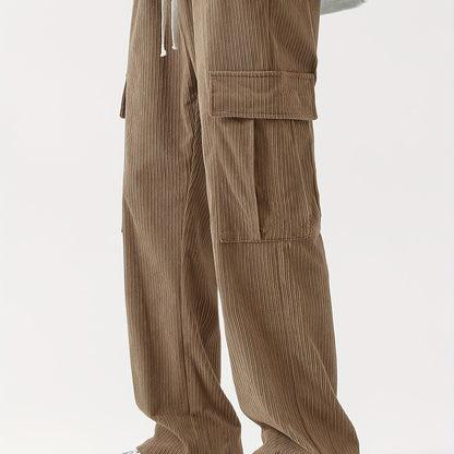 Sixsr Corduroy Multi Flap Pockets Men's Straight Leg Cargo Pants, Loose Baggy Pant Casual Outdoor Pants, Men's Work Pants For Hiking Fishing Angling