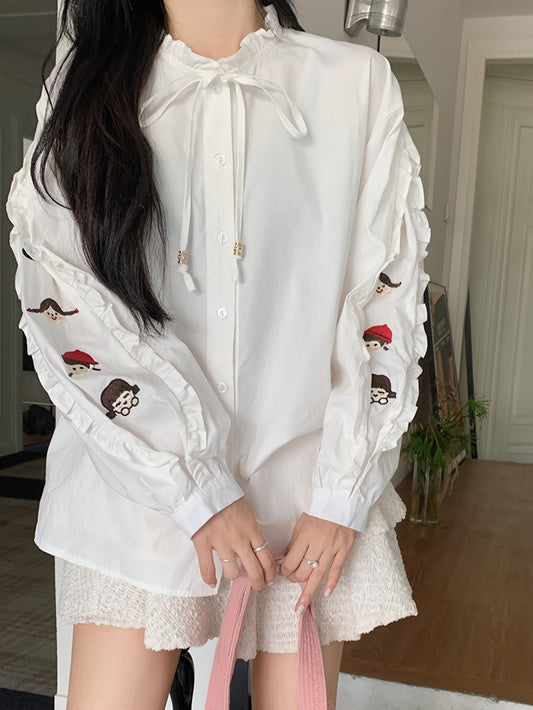 Sixsr Cartoon Pattern Lettuce Trim Blouse, Casual Long Sleeve Blouse For Spring & Fall, Women's Clothing