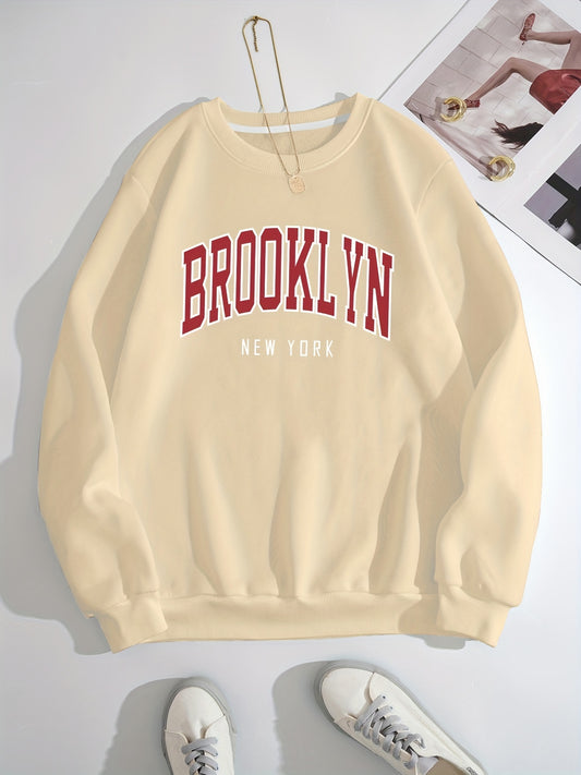 Sixsr Brooklyn Print Solid Pullover, Crew Neck Long Sleeve Casual Sweatshirt, Women's Clothing