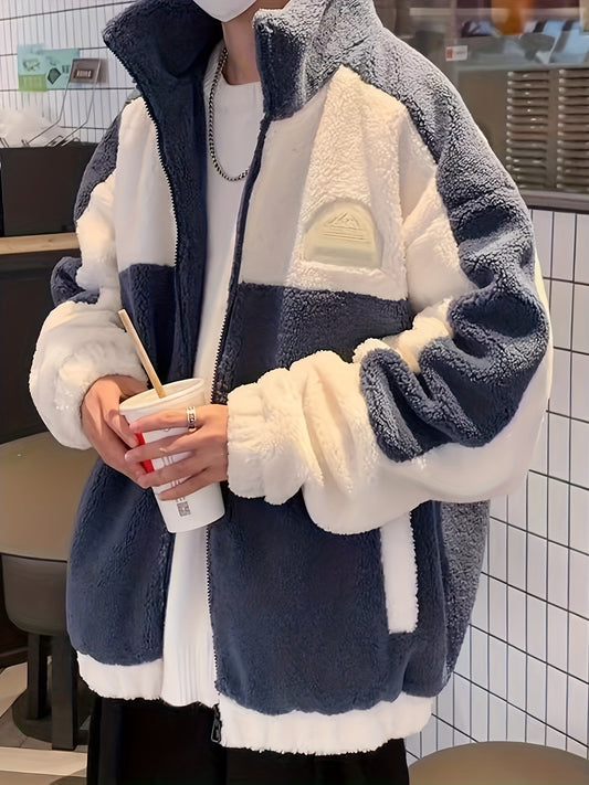 Sixsr Warm Plush Fleece Jacket, Men's Casual Color Block Stand Collar Jacket Coat For Fall Winter
