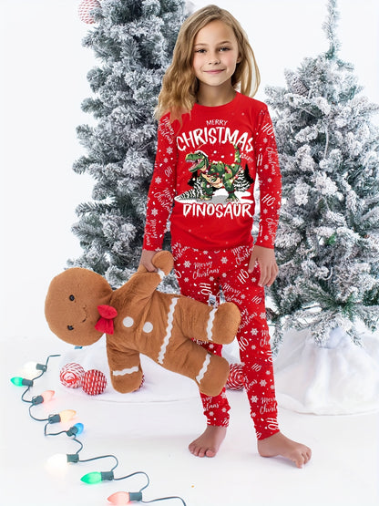 Boys/Girls Long Sleeve Top Long Pants Clothes Set, New Year Red Festival Christmas Dinosaur Print Windproof Warm Fleece High Elasticity Comfortable And Soft Underwear Set For Autumn/ Winter