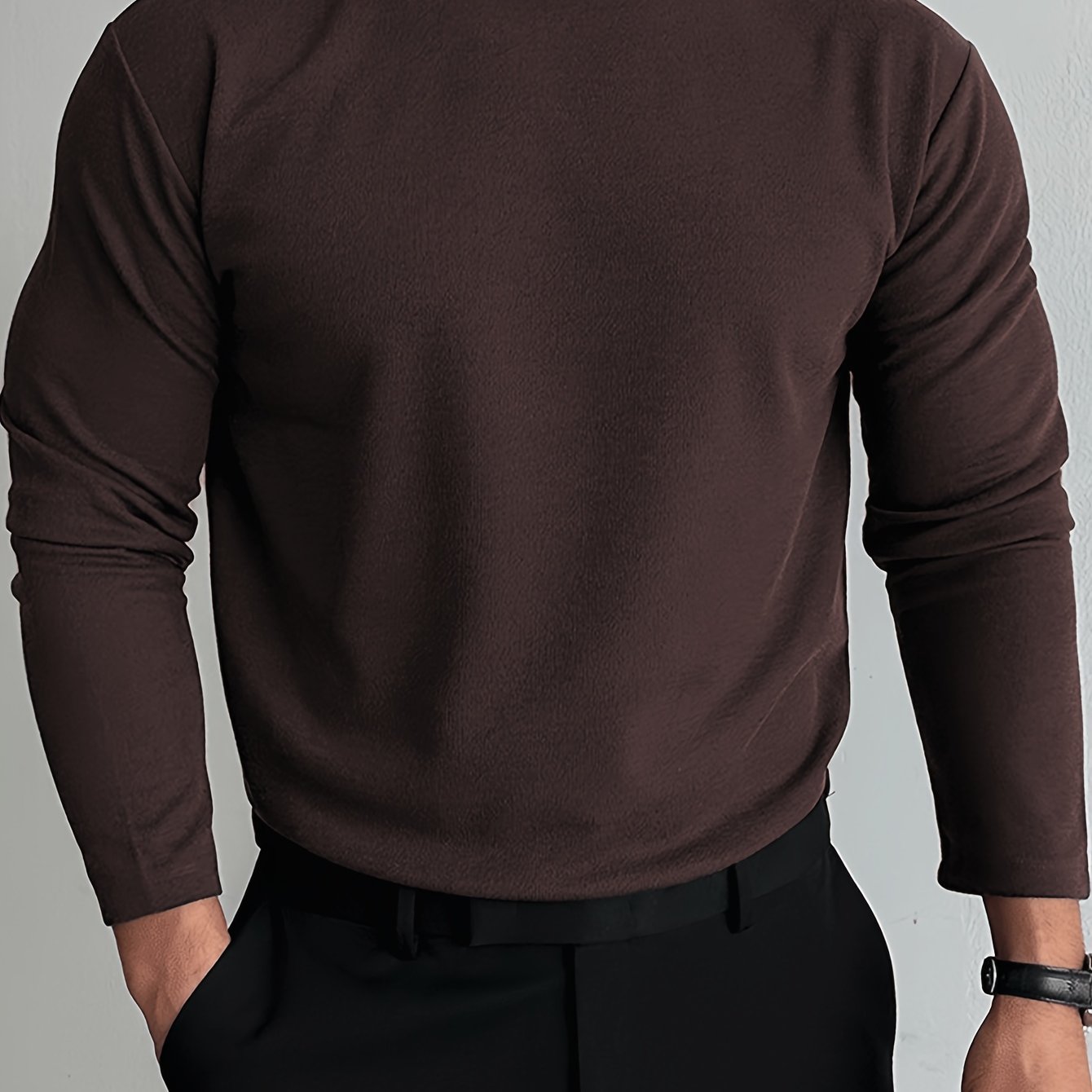 Sixsr Solid Comfy Men's Slim Fit Knitted Long Sleeve Turtleneck Bottoming Shirt, Men's Fleece Warm Top, Fall Winter